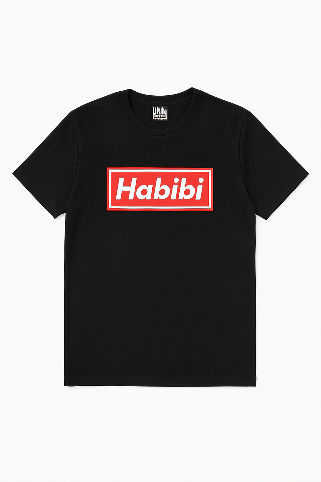 Black t-shirt with 'Habibi' red and white block logo