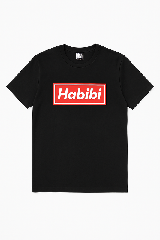 Black t-shirt with 'Habibi' red and white block logo