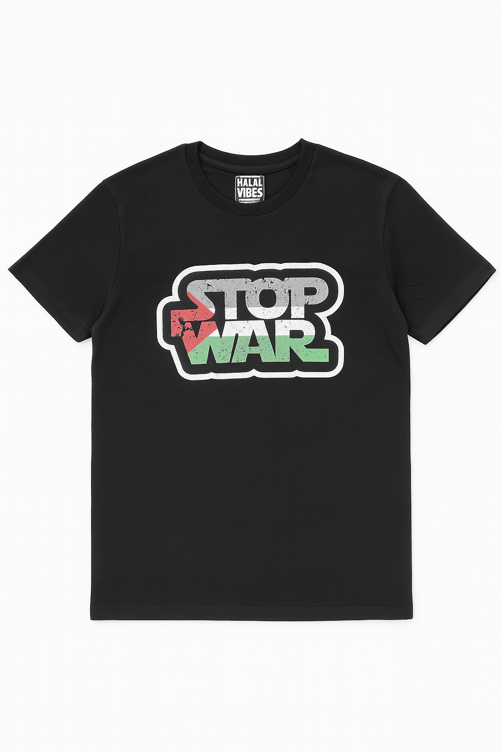 Black t-shirt with 'Stop War' graphic design