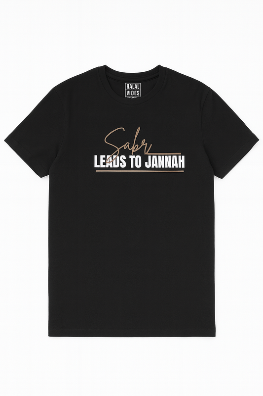 Black t-shirt with text design 'Sabr Leads To Jannah'