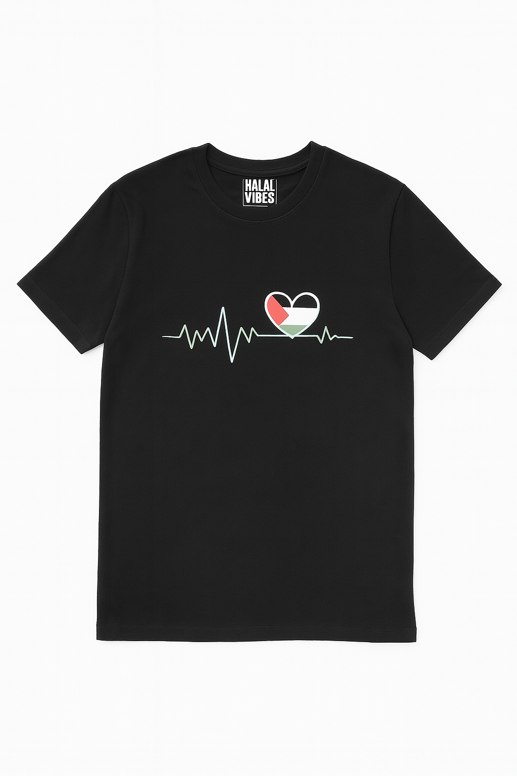 Black t-shirt with a palestine flag heart design and heart beat rhythm