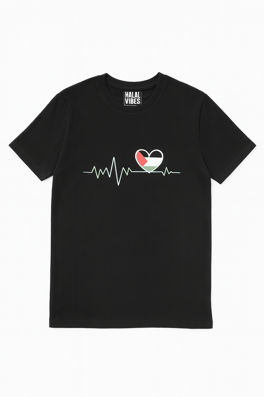 Black t-shirt with a palestine flag heart design and heart beat rhythm