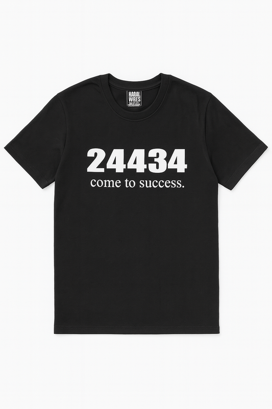 Black t-shirt with white text '24434 come to success.'