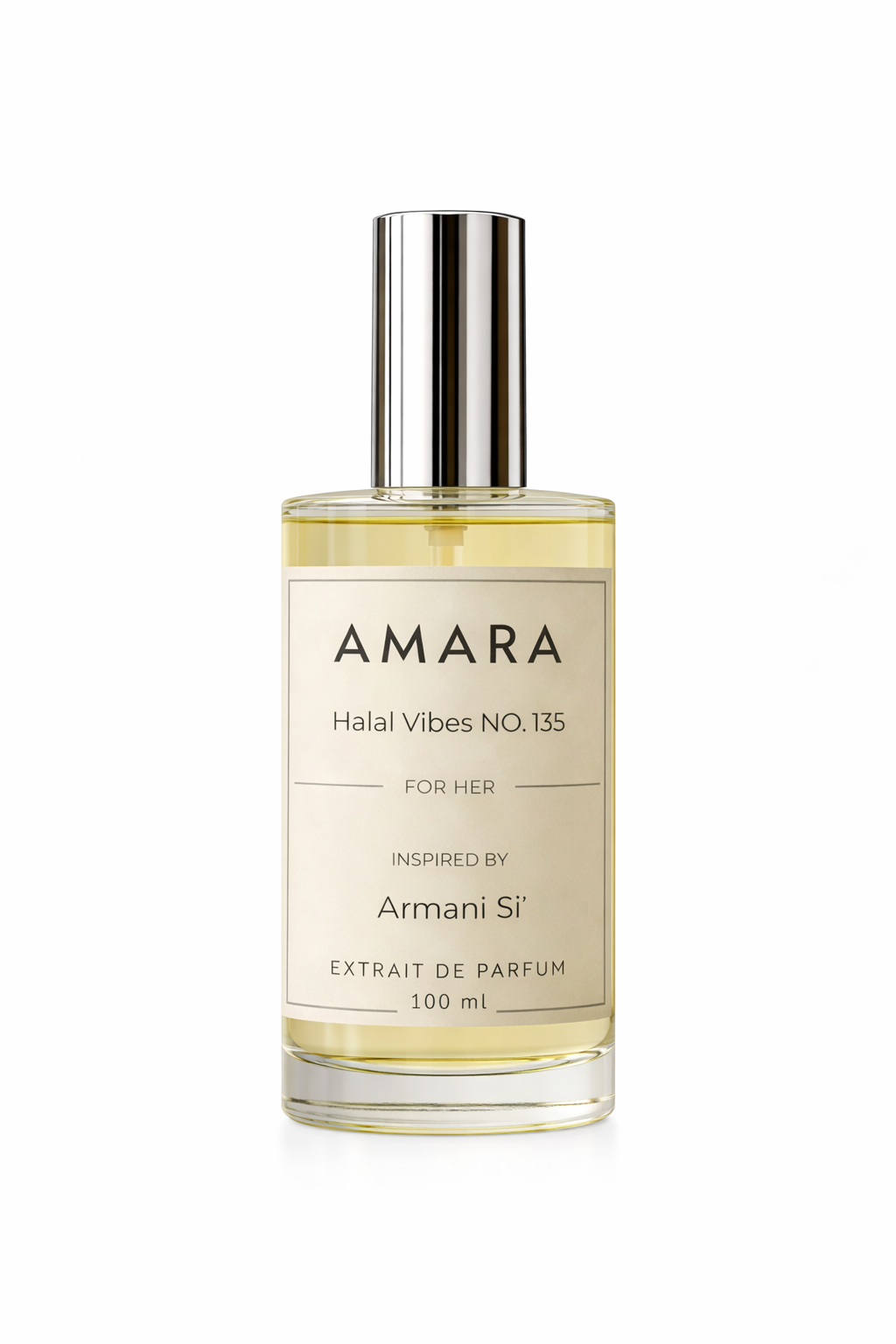 100ml bottle of AMARA (Halal Vibes NO. 135) For Her, a premium Extrait De Parfum inspired by the chic notes of Armani Sì.