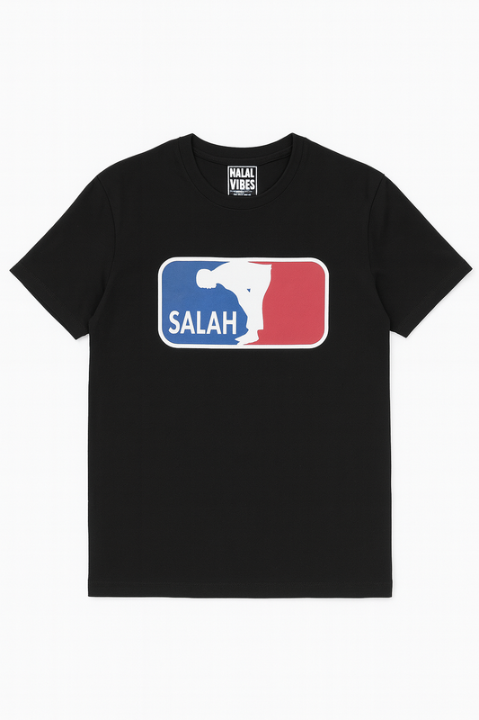 Black t-shirt with a red and blue  logo and 'SALAH' text