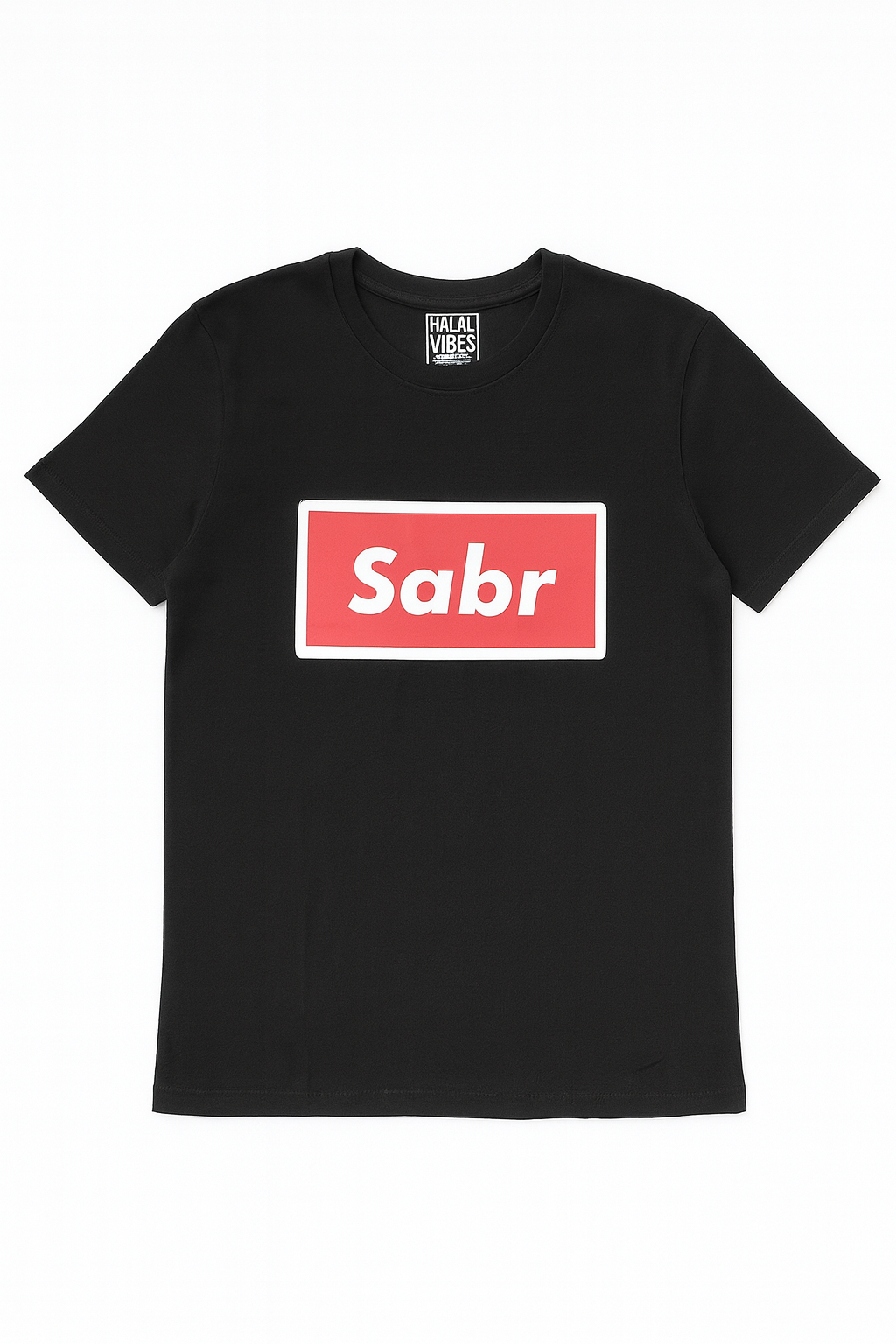 Black t-shirt with a red and white 'Sabr' logo