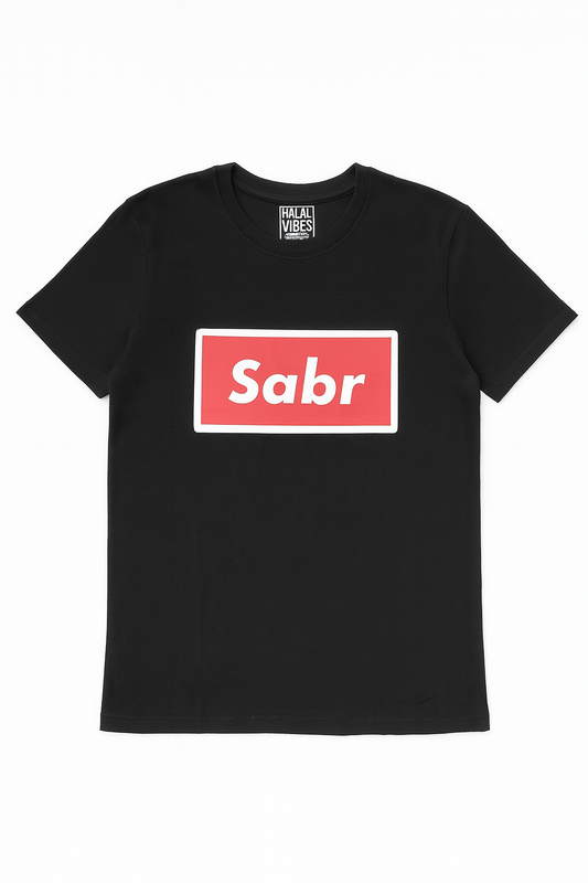Black t-shirt with a red and white 'Sabr' logo