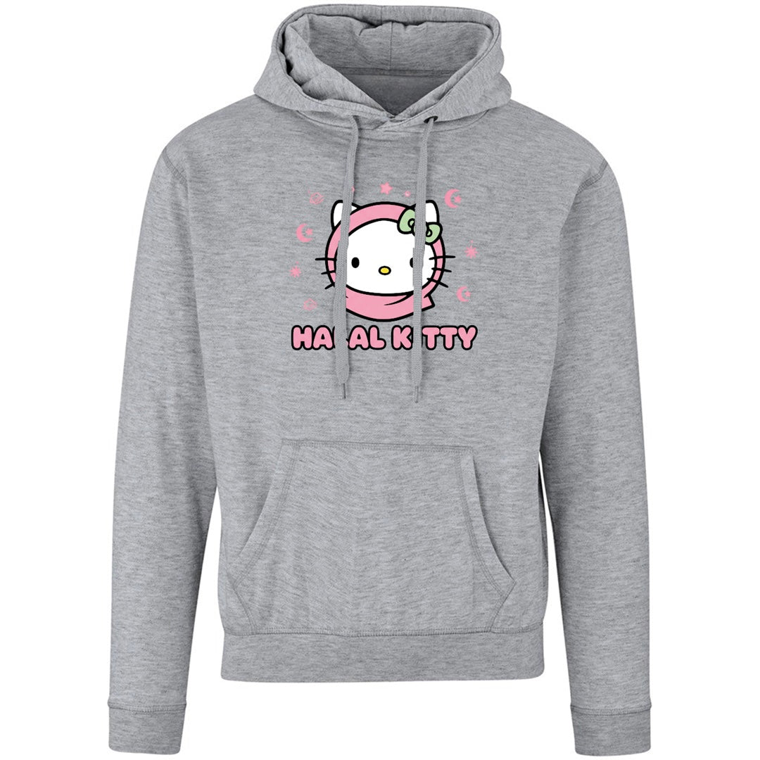 Grey Hoodie with a cat in Hijab and text that reads "Halal Kitty"
