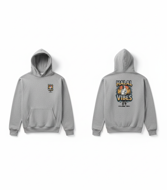 Gray hoodie with 'Halal Vibes' graphic