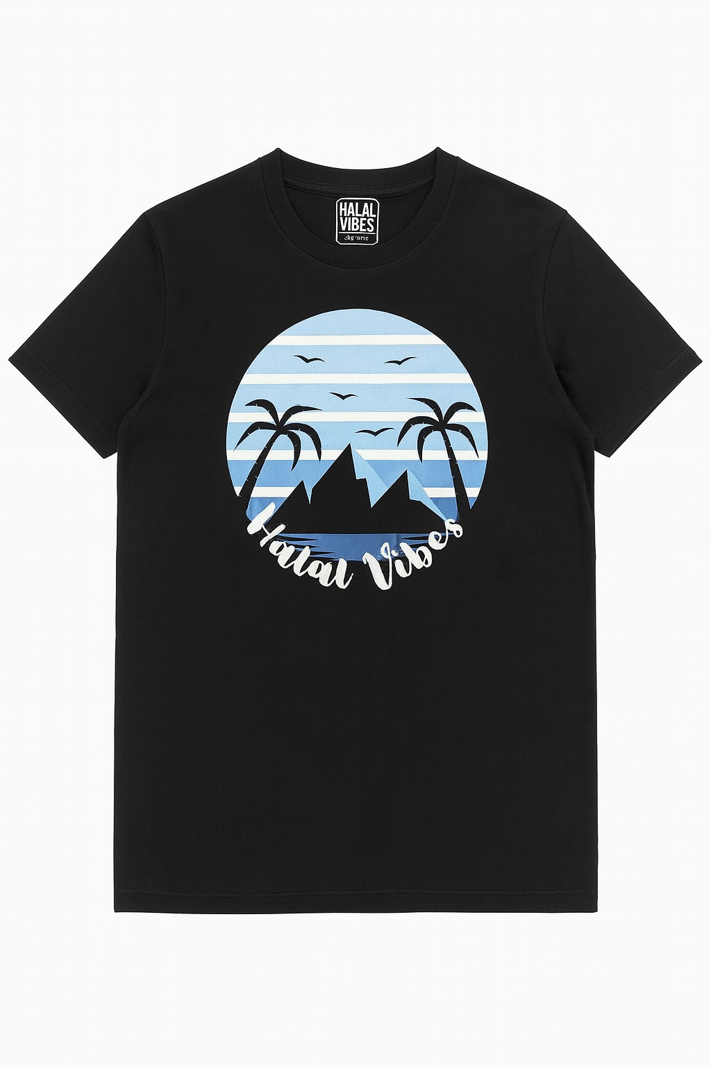 Black t-shirt with 'Halal Vibes' graphic design featuring palm trees and a mountain