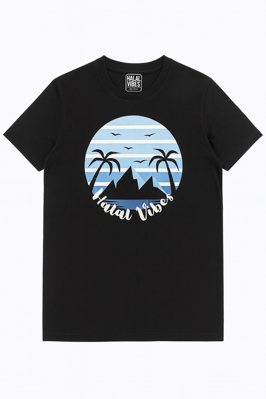 Black t-shirt with 'Halal Vibes' graphic design featuring palm trees and a mountain