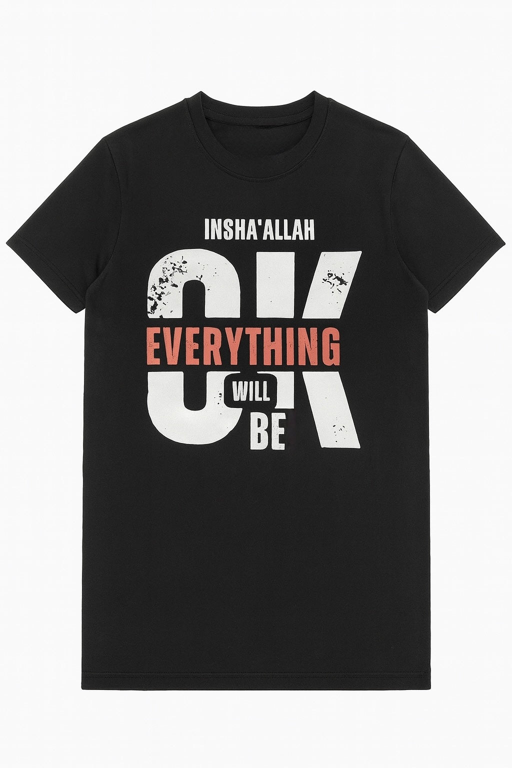 Black t-shirt with motivational text design on a white background
