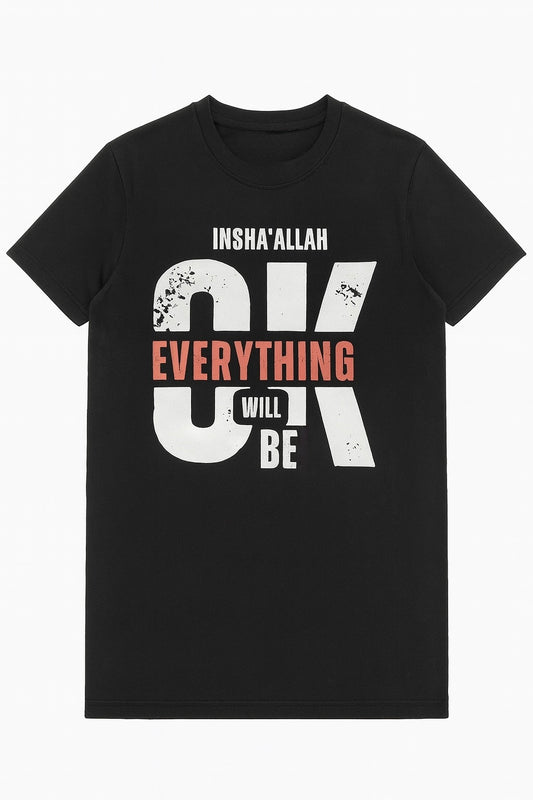 Black t-shirt with motivational text design on a white background