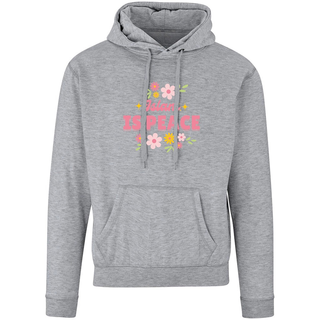 Gray hoodie with 'Islam is Peace' text and floral design
