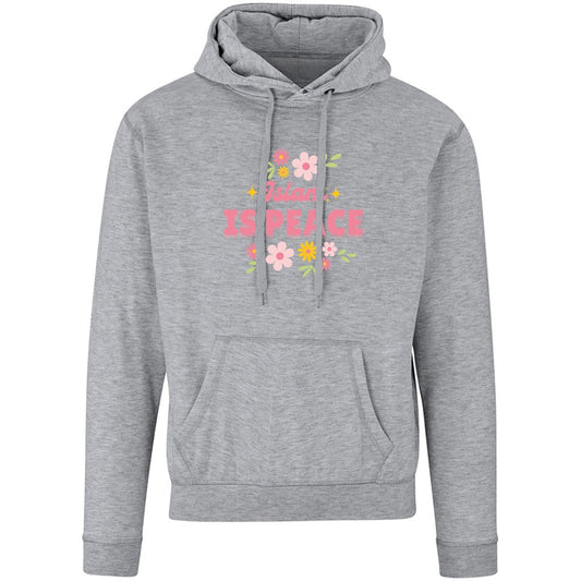 Gray hoodie with 'Islam is Peace' text and floral design