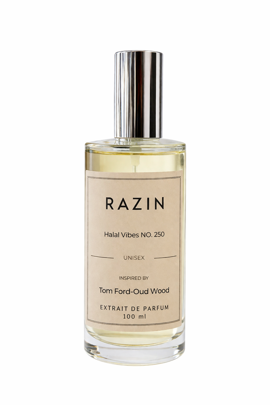 100ml bottle of RAZIN (Halal Vibes NO. 250) Unisex, a luxury Extrait De Parfum inspired by the smoky, woody notes of Tom Ford Oud Wood.