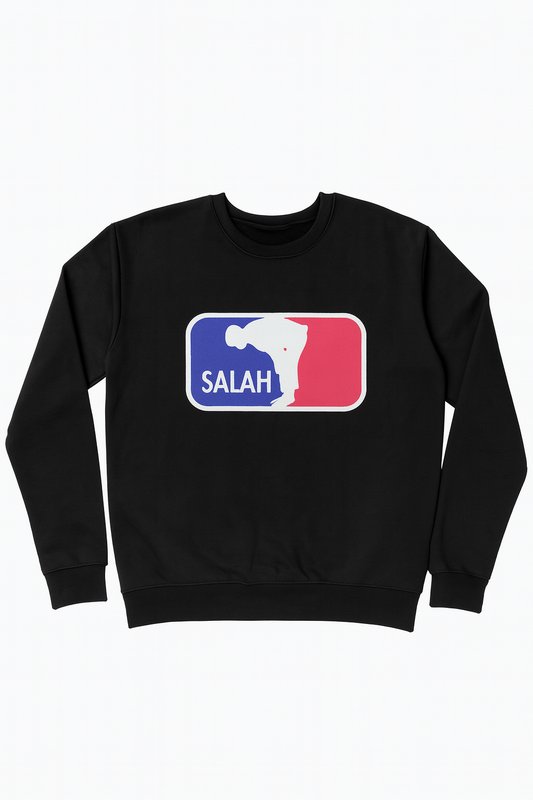 Black sweatshirt with a logo featuring a silhouette and 'SALAH' text on a white background