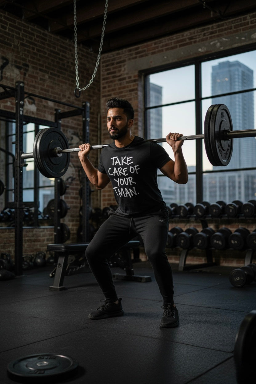 Man lifting weights with a motivational t-shirt in a gym setting