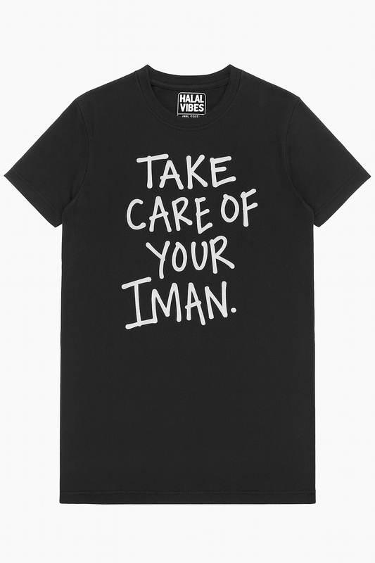 Black t-shirt with white text 'Take care of your Iman'