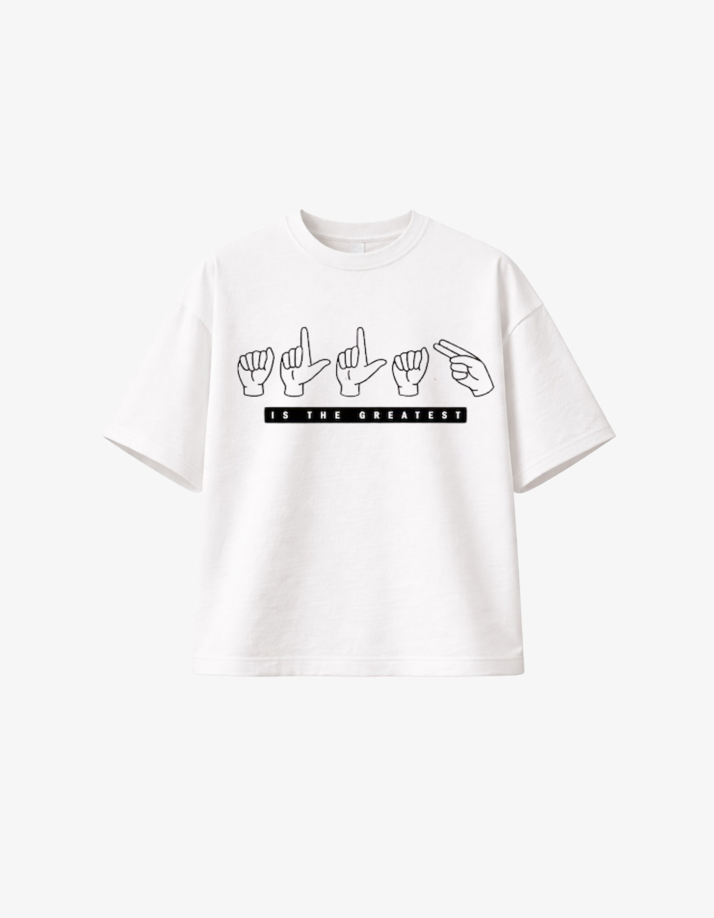 Front view of a white 300gsm heavyweight boxy fit t-shirt featuring white ASL hand signals for Allah and the text IS THE GREATEST.