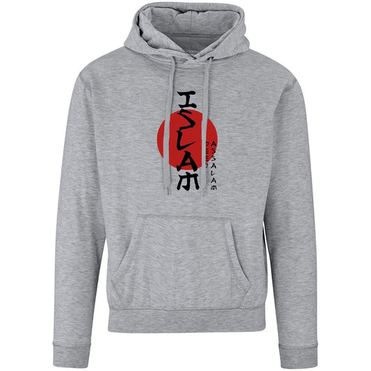 Gray hoodie with a red and black Japanese graphic