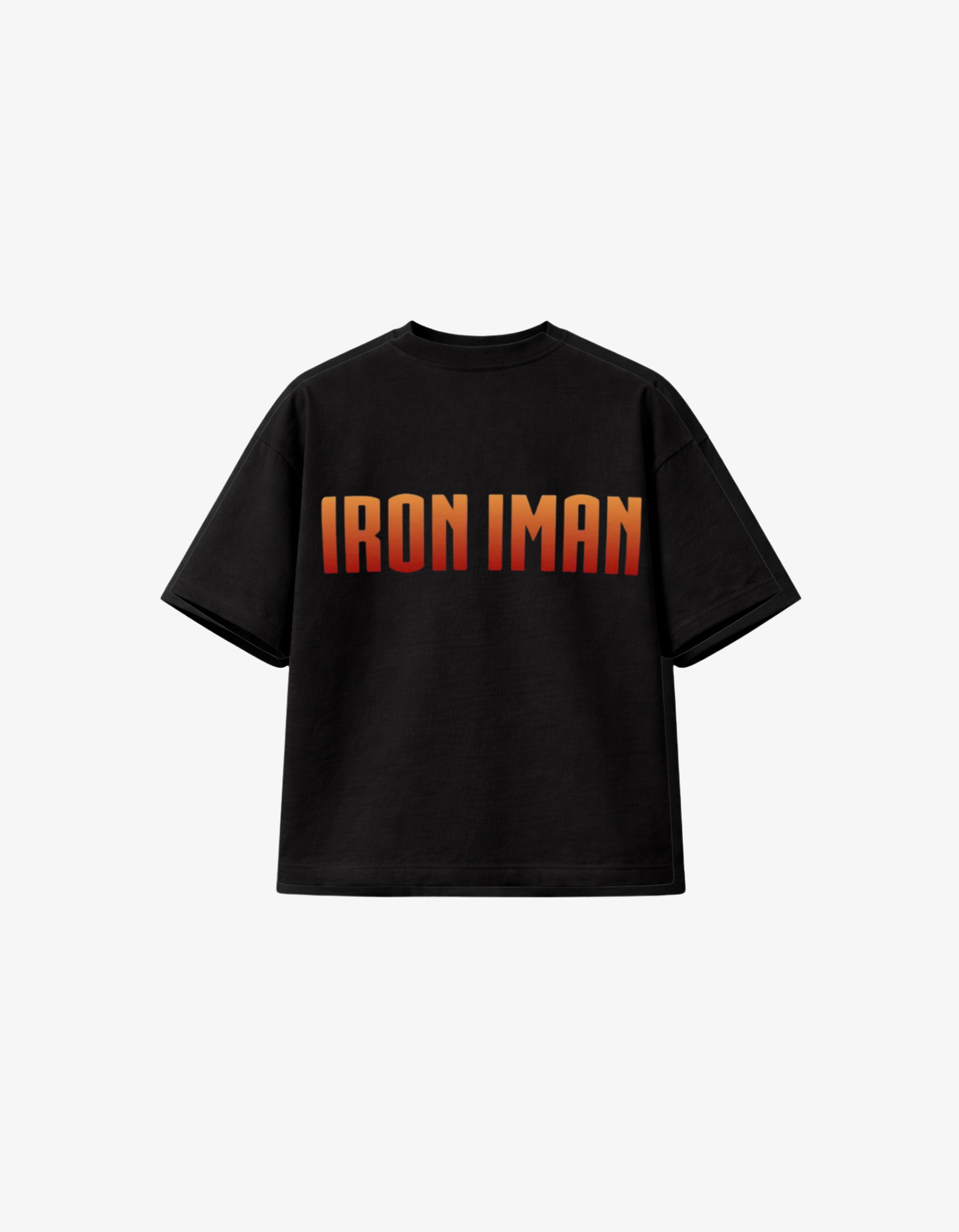 black 300gsm heavyweight boxy fit t-shirt with orange and red gradient "IRON IMAN" typography.