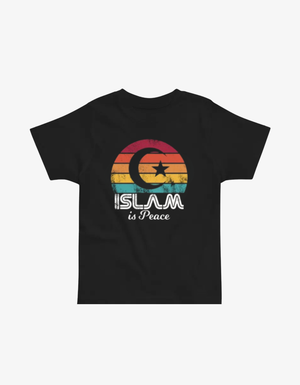 Black kids t-shirt with a vintage-style distressed sunset graphic and "Islam is Peace" text.