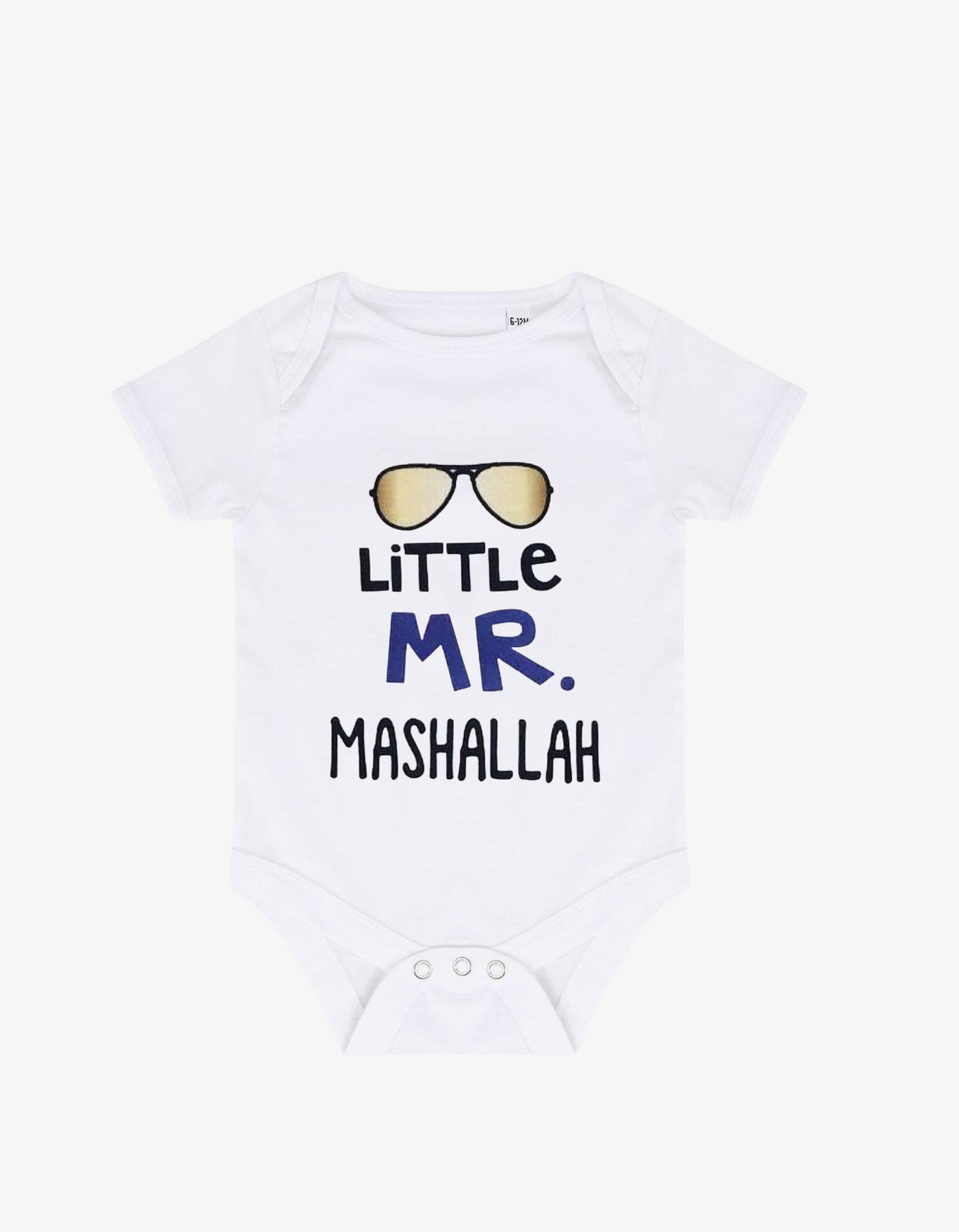 White baby grow with gold aviator sunglasses and text saying Little MR. MASHALLAH.