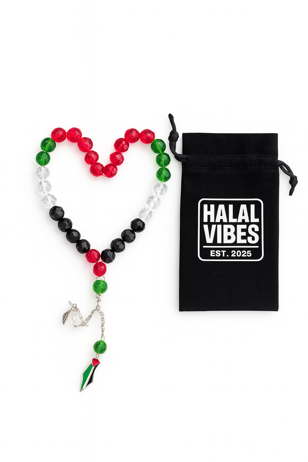Close up of red green black and white crystal beads Islamic prayer tasbih