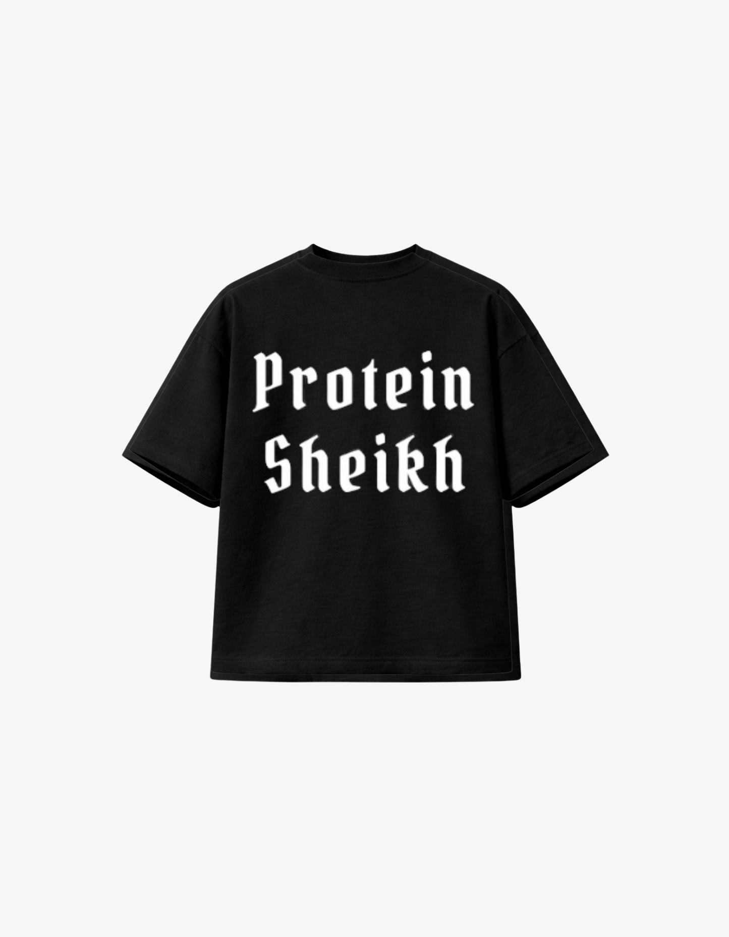 Rear view of a black 300gsm heavyweight boxy fit t-shirt with white gothic Protein Sheikh back-print.
