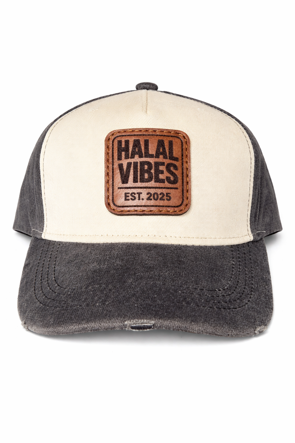 Halal Vibes Retro Two-Tone Trucker Cap with Leather Patch - Islamic Streetwear-Grey