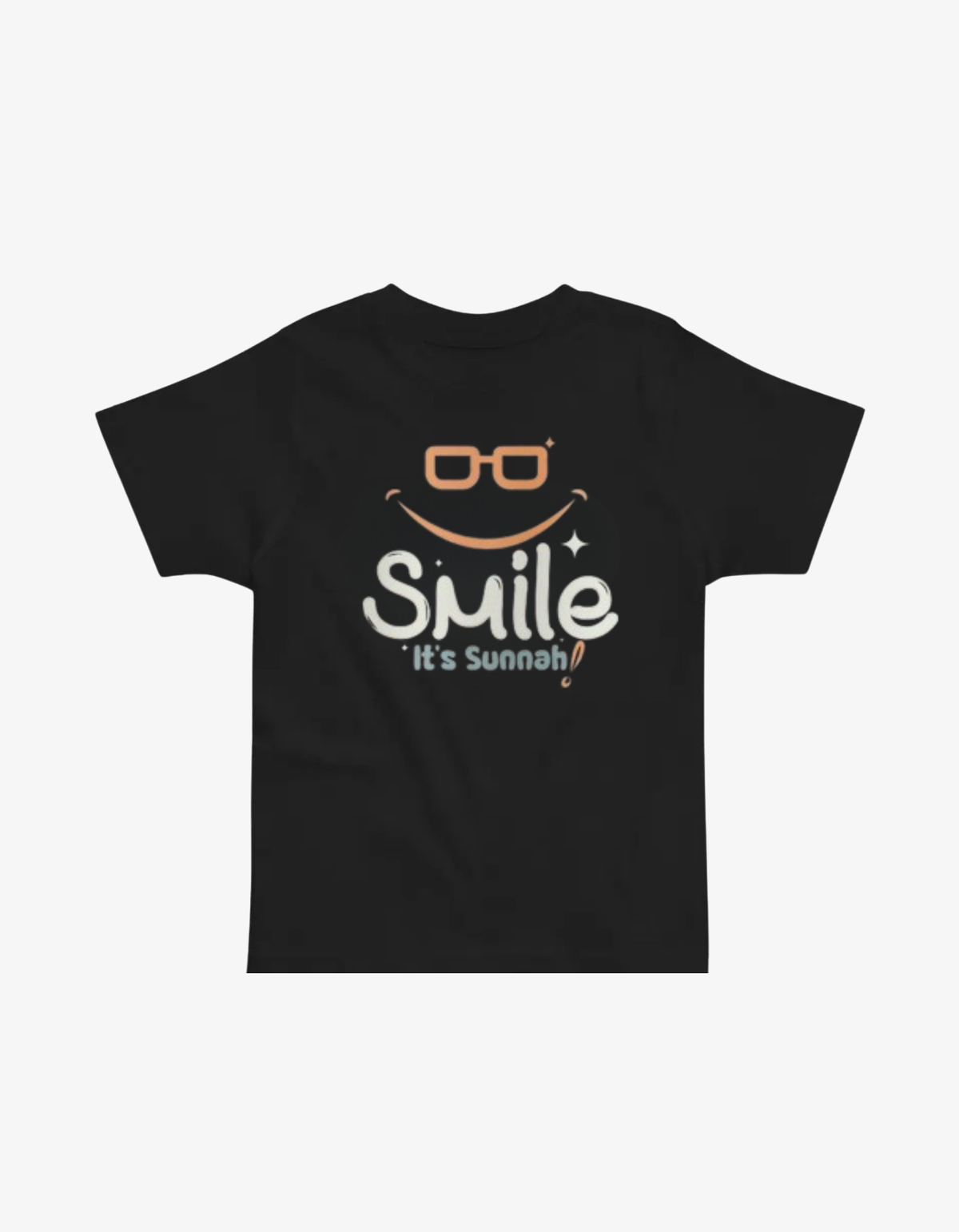Black kids t-shirt with orange glasses and a smile graphic saying Smile It's Sunnah.