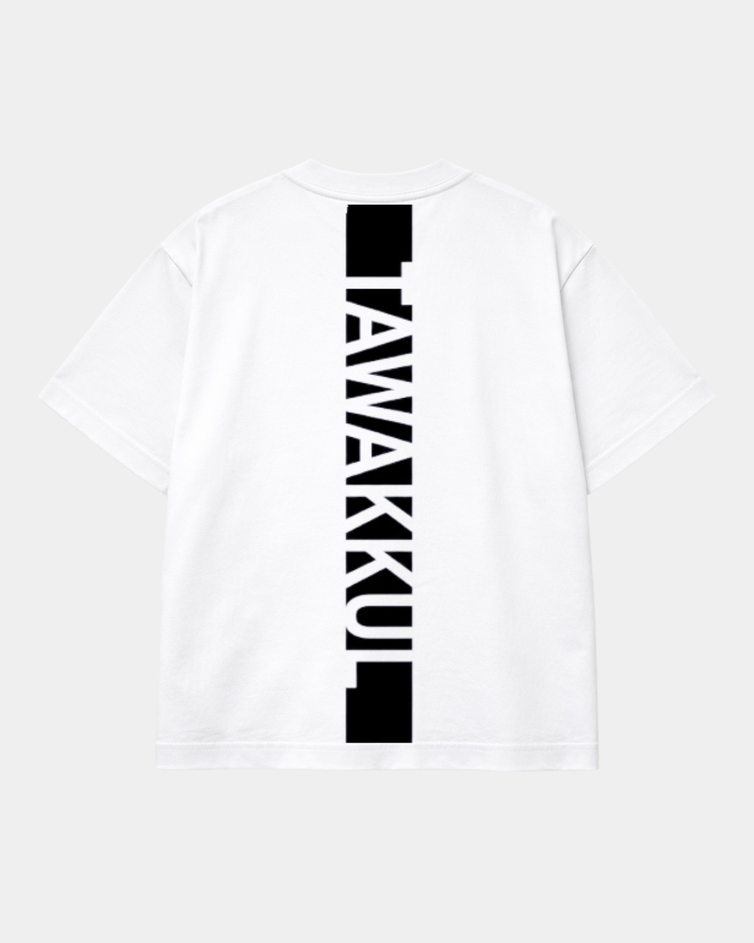 Back view of a white heavyweight t-shirt with a bold black vertical stripe containing the word TAWAKKUL in white text.