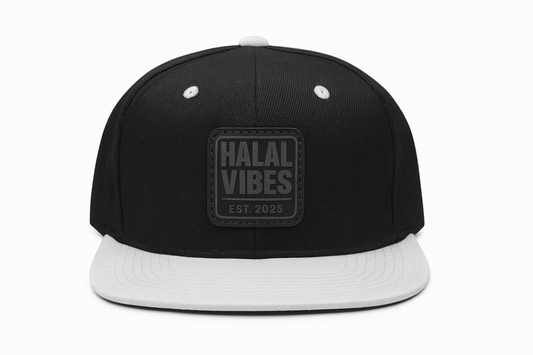 Halal Vibes Black and White Flat Peak Snapback with Stitched Leather Patch