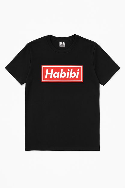 Black t-shirt with 'Habibi' red and white block logo 