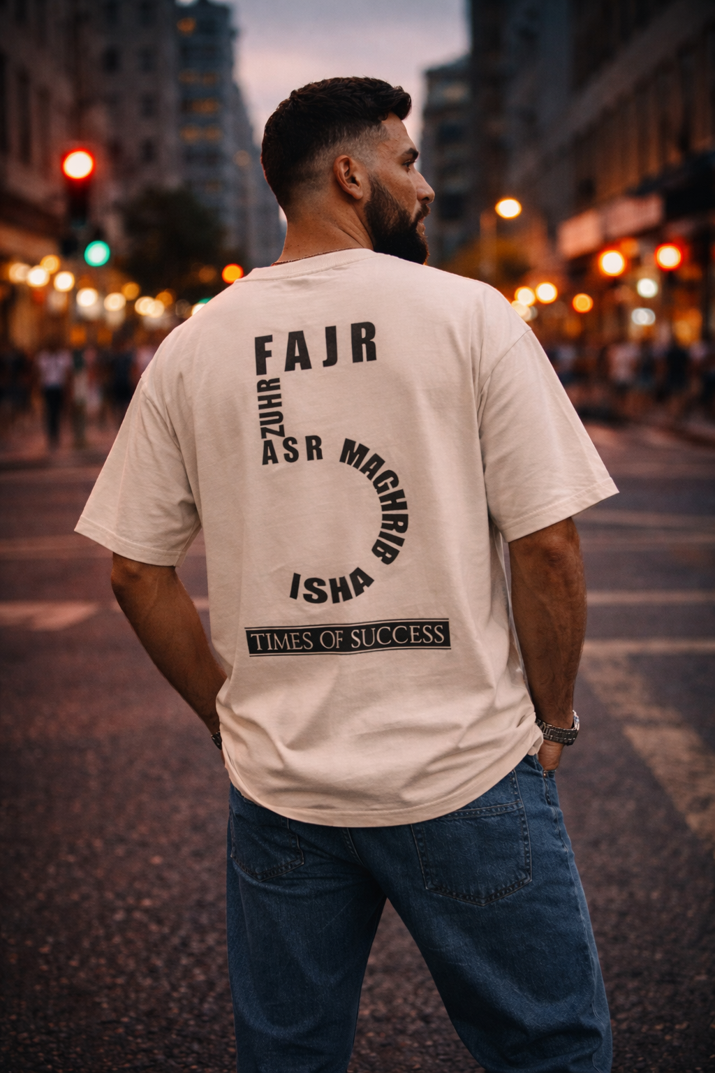 Back view of sand-beige oversized t-shirt with Fajr to Isha curved typography and Times of Success graphic lifestyle image