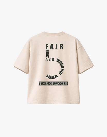 Back view of sand-beige oversized t-shirt with Fajr to Isha curved typography and Times of Success graphic.