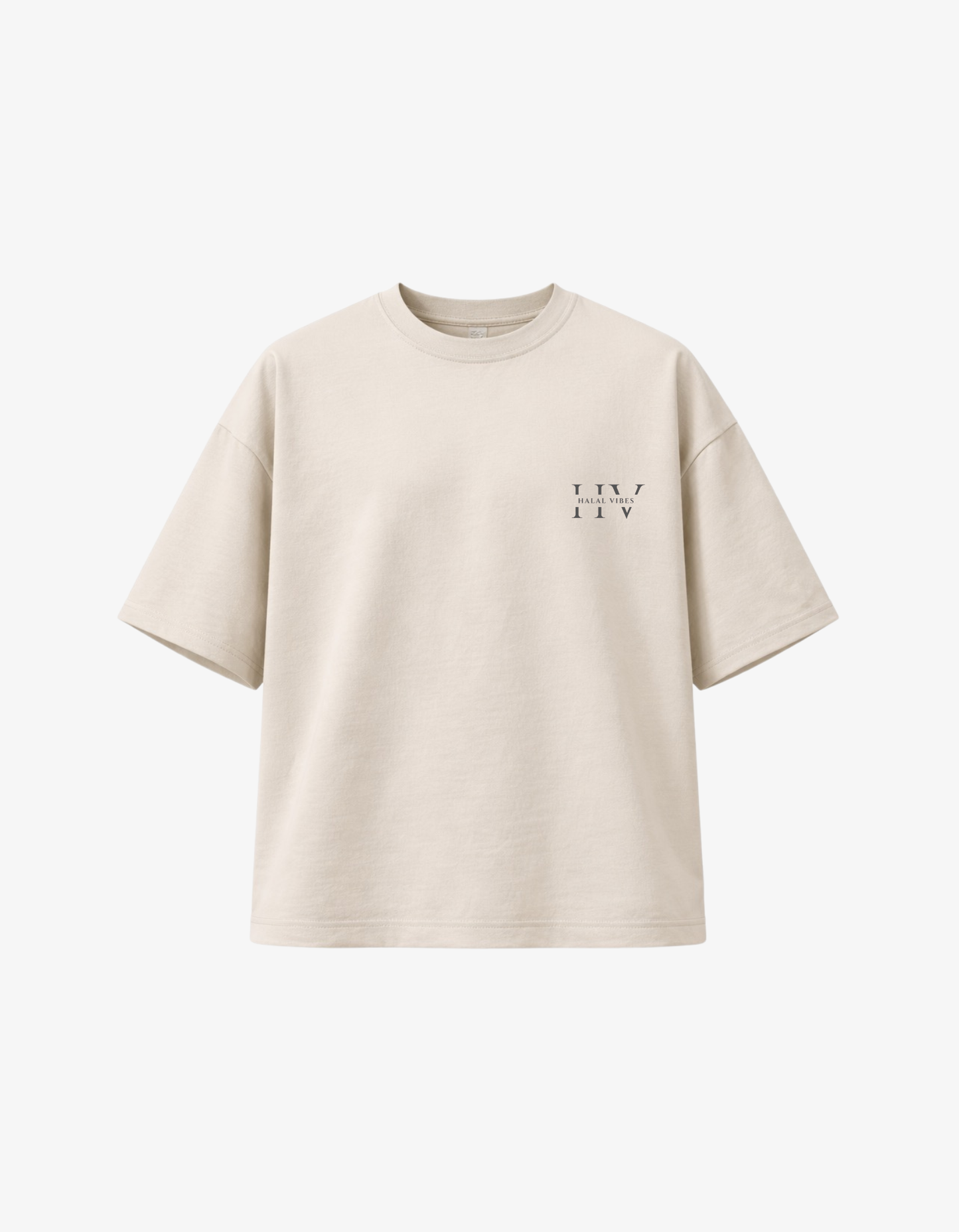 Front view of sand-beige streetwear tee featuring a tonal Halal Vibes HV monogram on the chest.