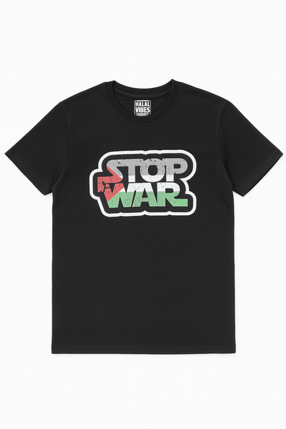 Black t-shirt with 'Stop War' graphic design 