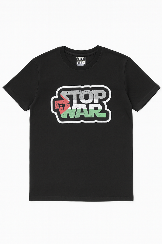 Black t-shirt with 'Stop War' graphic design 