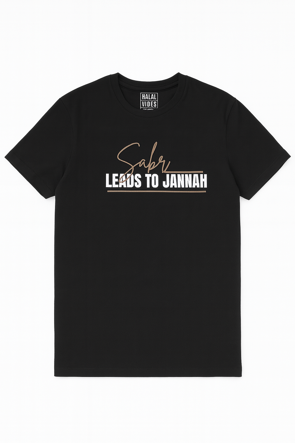 Black t-shirt with text design 'Sabr Leads To Jannah'