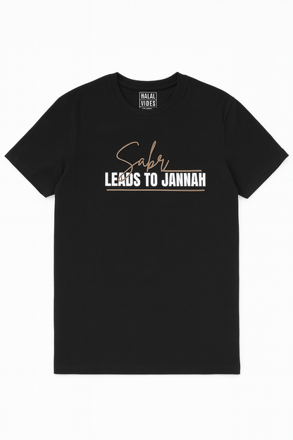 Black t-shirt with text design 'Sabr Leads To Jannah'