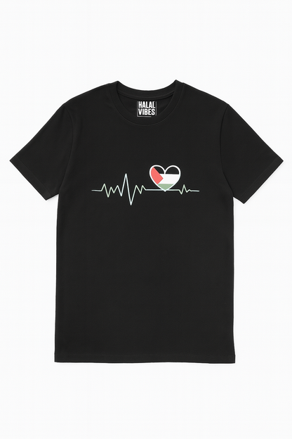 Black t-shirt with a palestine flag heart design and heart beat rhythm