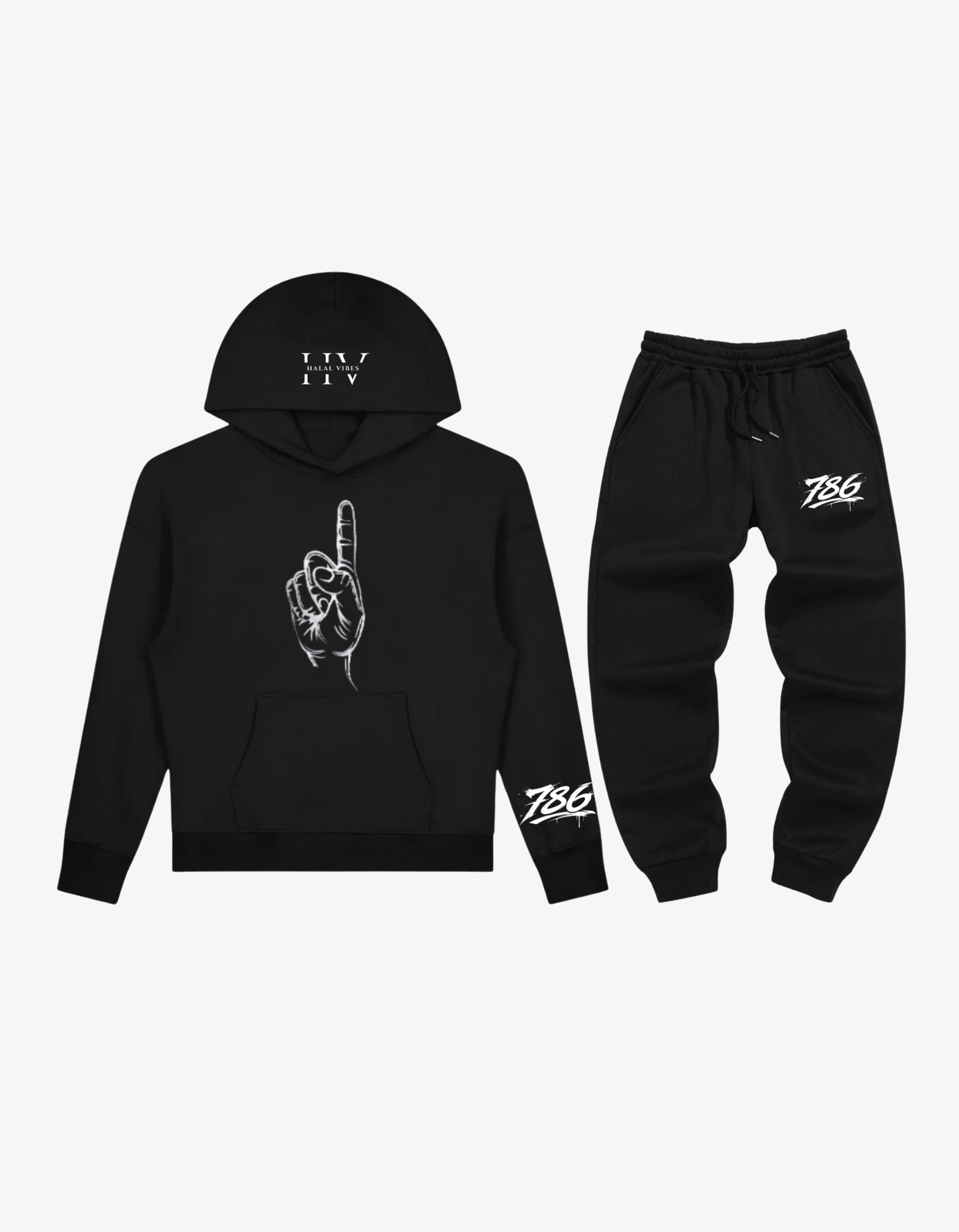 2-Piece Black 786 Streetwear Tracksuit with Tawheed Hand Graphic and Graffiti Tags.