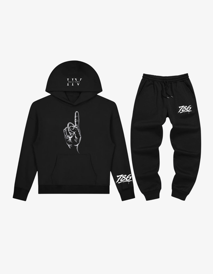 2-Piece Black 786 Streetwear Tracksuit with Tawheed Hand Graphic and Graffiti Tags.