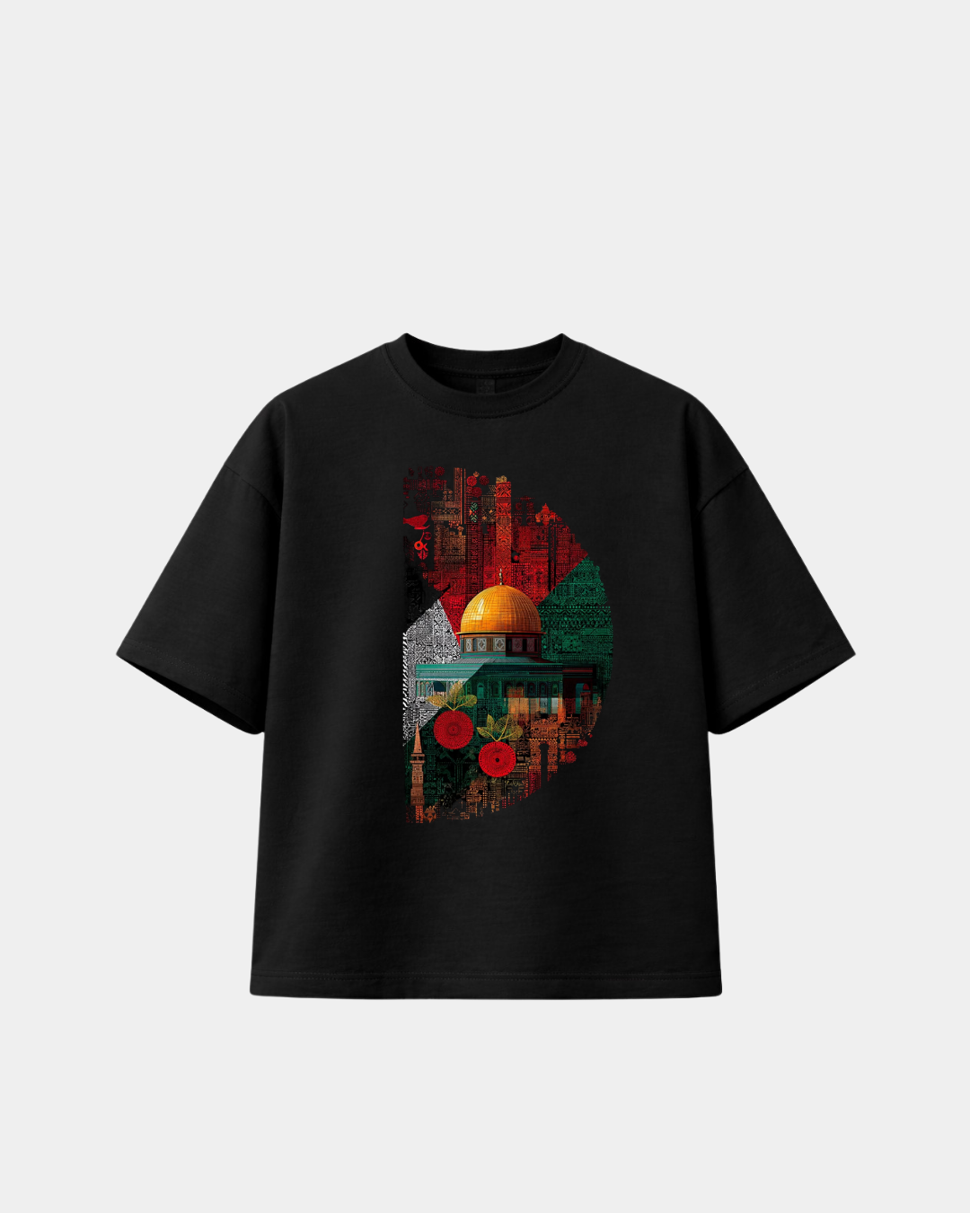 Black 300gsm heavyweight boxy T-shirt featuring colourful Al-Quds-inspired Palestinian artwork centred around the Dome of the Rock.