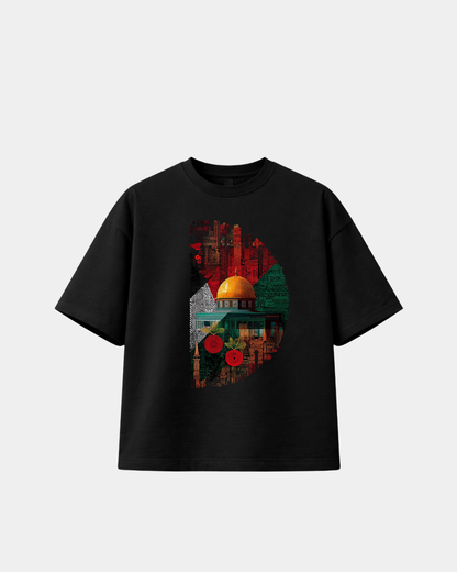 Black 300gsm heavyweight boxy T-shirt featuring colourful Al-Quds-inspired Palestinian artwork centred around the Dome of the Rock.