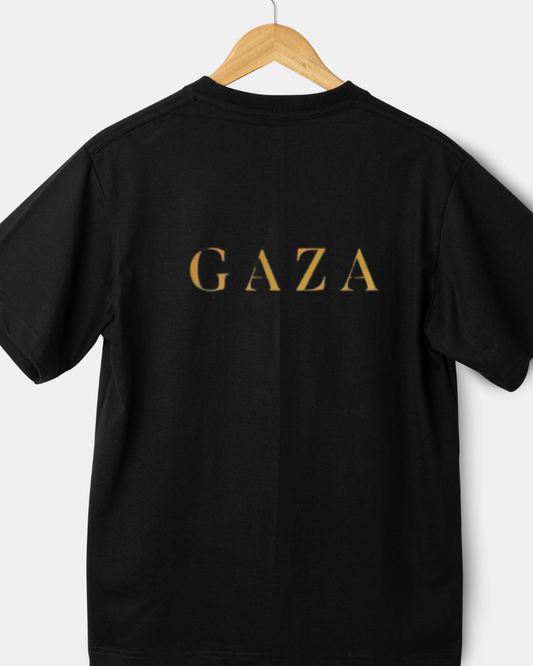 Black GAZA statement T-shirt featuring minimalist distressed gold GAZA typography 