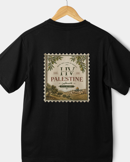 Black Palestine T-shirt with vintage postage stamp print featuring olive branches, Palestine in Arabic and English, and Palestine Will Be Free artwork.
