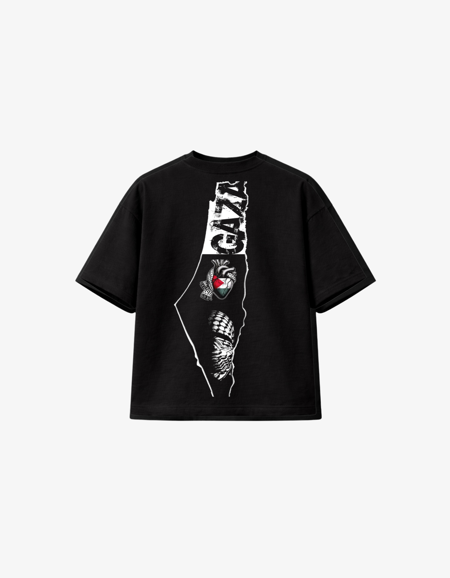 Black oversized Palestine T-shirt featuring a Palestine map outline, distressed Gaza typography, keffiyeh artwork and heart in Palestinian colours.